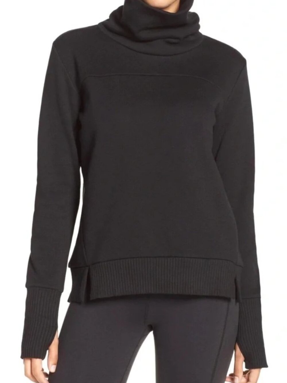 ALO YOGA Black Fleece Turtleneck Shirt w/Thumbholes & Zip Pockets M